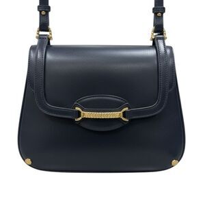 Old Gucci Vintage Dark Navy Polished Leather Horsebit Accent Shoulder Bag Auth